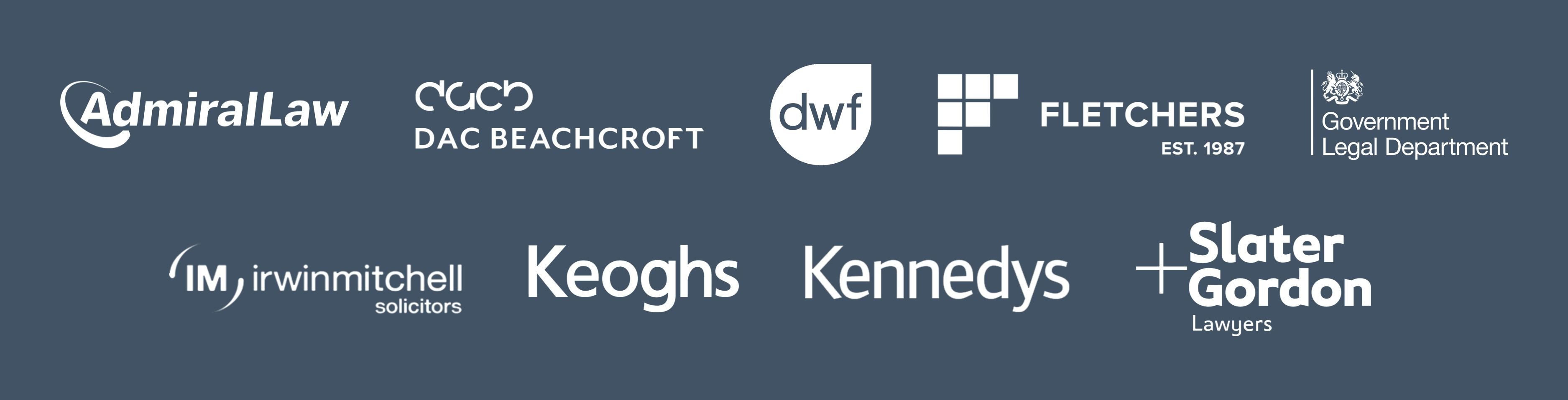 Admiral Law, DAC Beachcroft, DWF, Fletchers, Government Legal Department, Irwin Mitchell Solicitors, Keoghs, Kennedys, Plexus, Slater and Gordon.