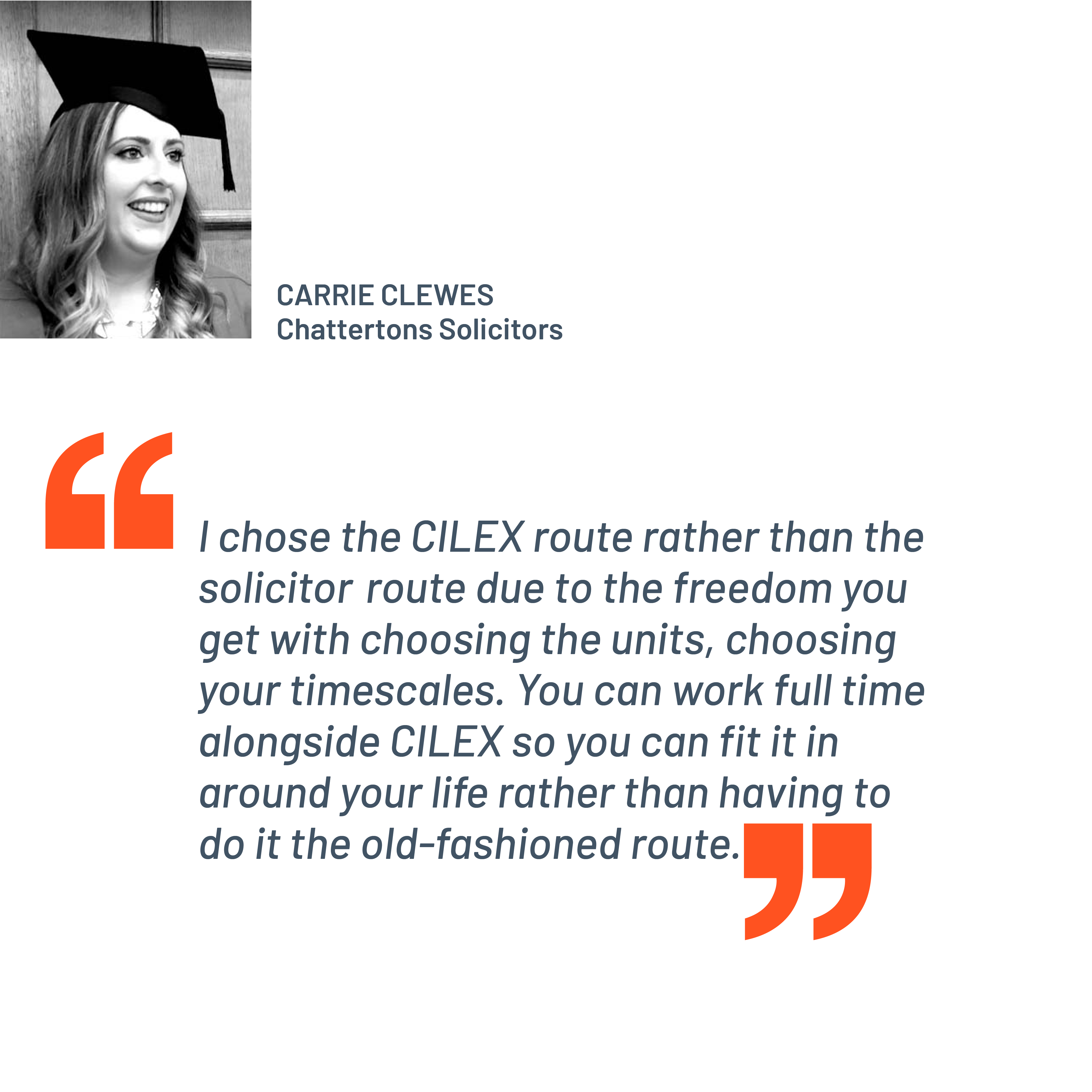 Quote from Carrie Clewes, Chattertons Solicitors. "I chose the CILEX route rather than the solicitor route due to the freedom you get with choosing the units, choosing your timescales. You can work full time alongside CILEX so you can fit it in around your life rather than having to do it the old-fashioned route."