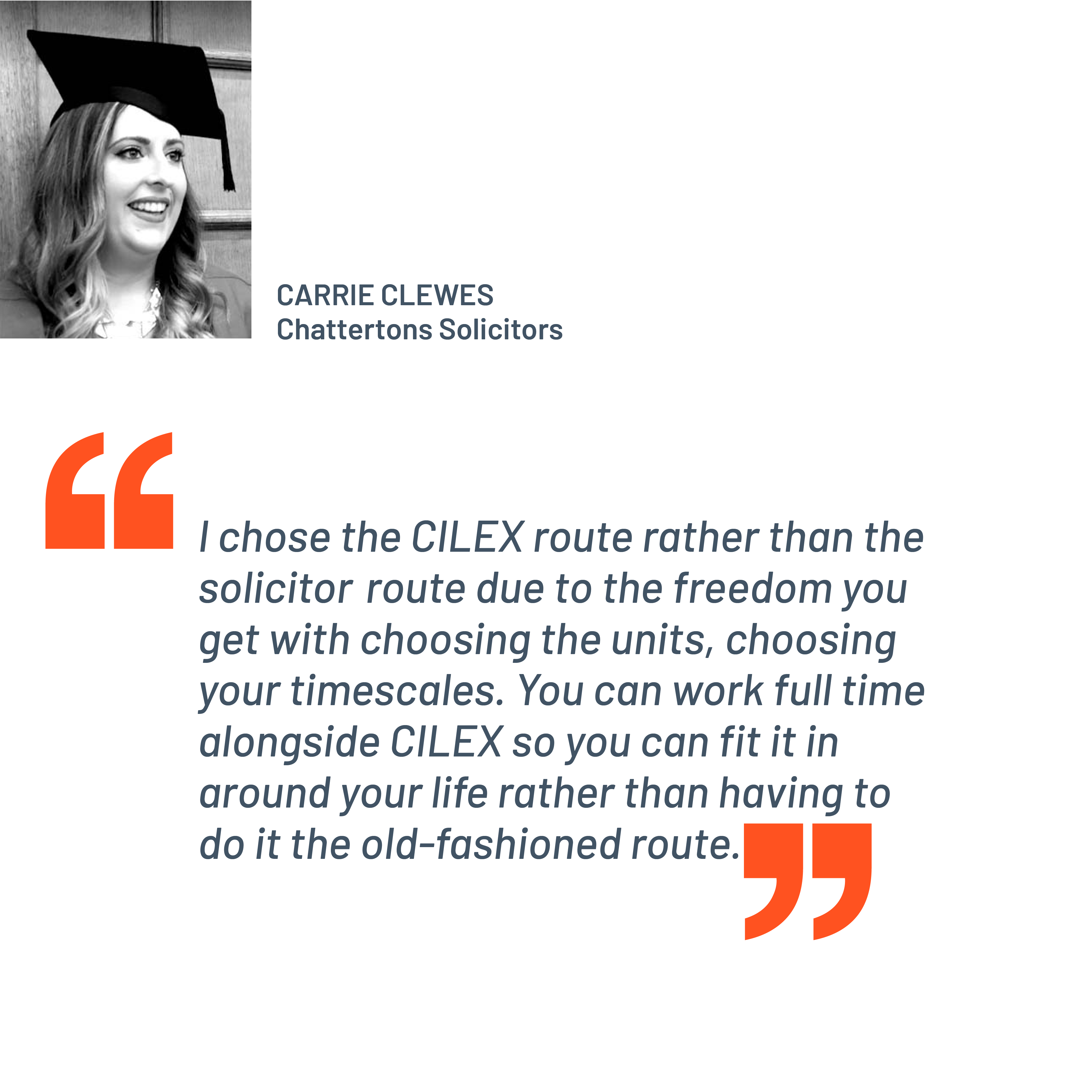 Quote from Carrie Clewes, Chattertons Solicitors. "I chose the CILEX route rather than the solicitor route due to the freedom you get with choosing the units, choosing your timescales. You can work full time alongside CILEX so you can fit it in around your life rather than having to do it the old-fashioned route."